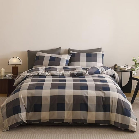 Cottonight Checkered Blue Comforter Set Twin Gingham Grid Bedding Set Navy and Khaki Grid Comforter Fluffy Soft Bedding Set Kids Teens Twin Comforter with 2 Pillowcases