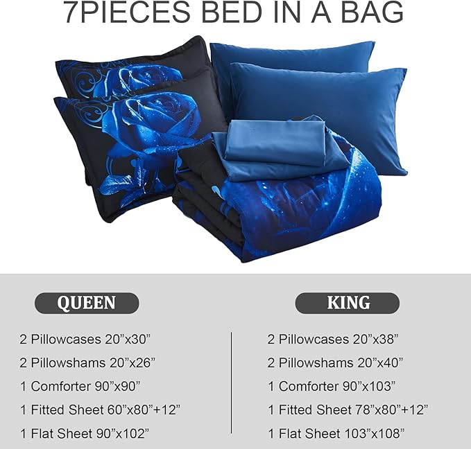Xruibed Blue Comforter Set Queen 7 Piece Bed in a Bag Blue Rose Comforter with Sheet Set Soft Micorfiber Reversible Bedding Set (1 Comforter,2 Pillow Shams,1 Flat Sheet,1 Fitted Sheet,2 Pillowcases)