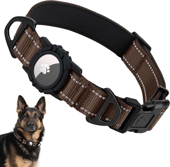 Taglory AirTag Dog Collar with Waterproof Holder for Large Dogs, Brown, XL | Reflective for Night Walks & Low-Light Safety, Track Your Pup Peace of Mind, Adjustable Soft Padded, No More Dangling Tags