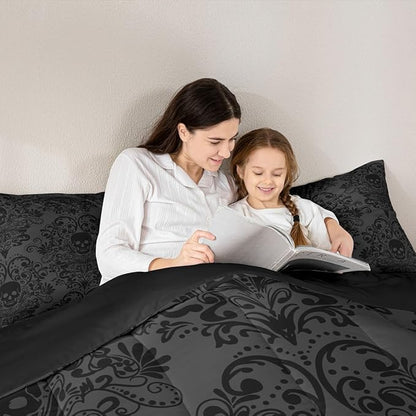 Feelyou Adults Gothic Skull Bedding Set Twin Size Kids Damask Print Comforter Goth Bohemian Duvet Breathable Soft Lightweight Microfiber Dark Olive Green Room Decor with 1 Pillowcase