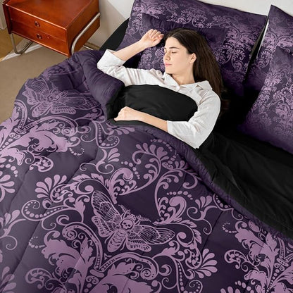 Erosebridal Gothic Damask 7 Piece Comforter Set Full Bed in a Bag,Exotic Moth Bedding Sets Purple Victorian Floral Goth Sheet Set with Comforter