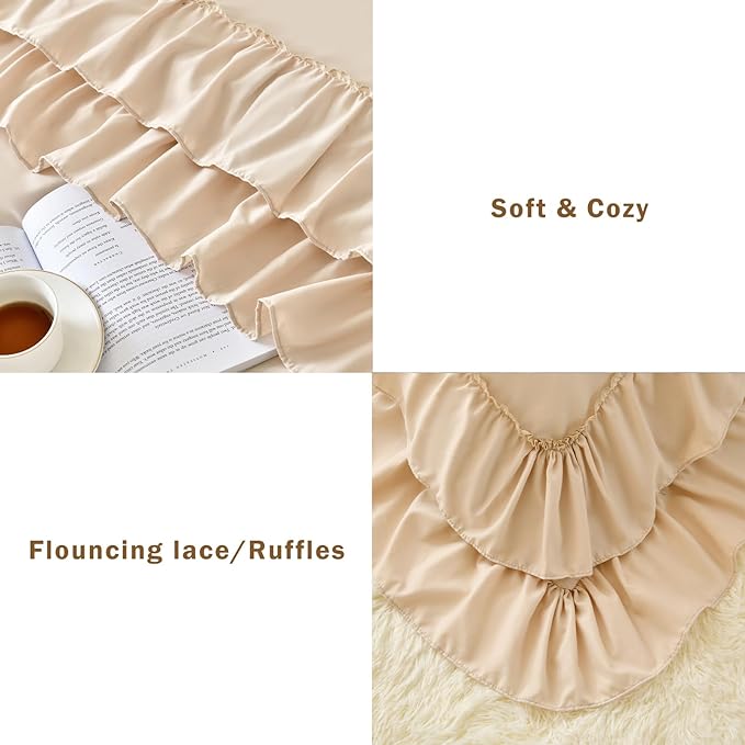 Cupocupa Beige Full Comforter Set, 3Pcs Ruffle Farmhouse Bedding Sets with Comforter & Pillowcases, Soft Shabby Chic Lightweight Fluffy Comforter Set for All Season Bedroom Decor (Beige, F)