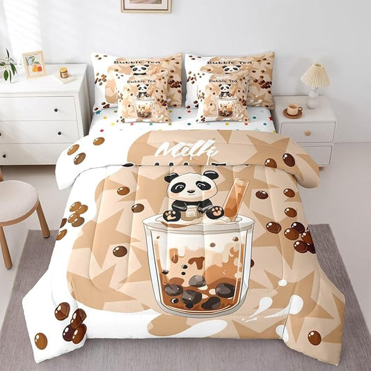 Cartoon Bubble Milk Tea 7 Pcs Bedding Sets Cute Panda Wild Animal Comforter Set for Kids Boys Girls Teens All Season (Comforter,Flat Sheet,Fitted Sheet,2 Pillowcases,2 Pillow Covers) Queen Size