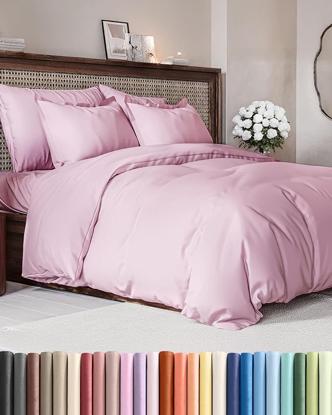 Duvet Cover Queen Size Set - Extra Soft Queen Duvet Cover 90" x 90" with 2 Pillow Shams - Hotel Luxury, Easy Care & Fade Free w/ Zipper Closures & Ties - All Season, Comfy & Breathable (Light Pink)