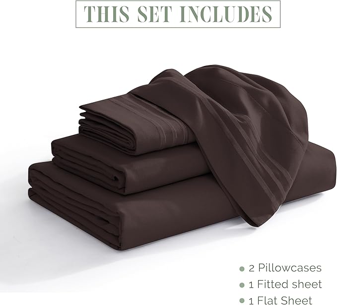Elegant Comfort Luxurious 1500 Premium Hotel Quality Microfiber Three Line Embroidered Softest 4-Piece Bed Sheet Set, Wrinkle and Fade Resistant, Queen, Chocolate Brown