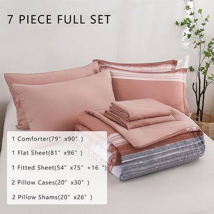 KAKIJUMN 7 Piece Bed in a Bag Stripe Comforter Set Full Size, White Grey Blush Pink Patchwork Striped Comforter and Sheet Set, All Season Soft Microfiber Complete Bedding Sets(Pink,Full)