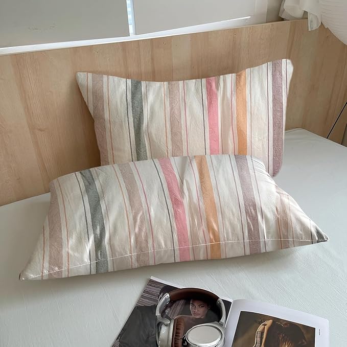 Striped Full Comforter Sets Down Alternative Washed Cotton Bedding Set Cozy Boho Fluffy Colorful Bedding Comforter Sets Farmhouse Soft All Season Cute Bed Comforter with 2 Pillowcases