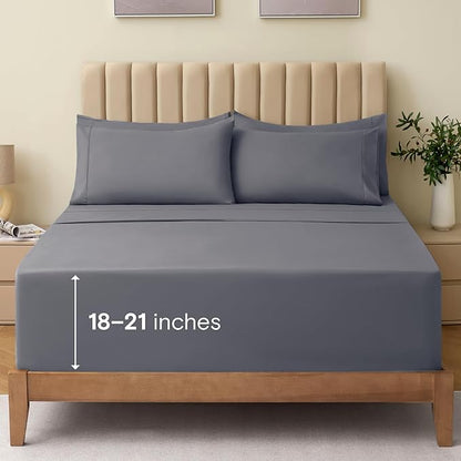LuxClub 4 PC Full Size Sheet Set Bed Sheets Deep Pockets 18" Wrinkle Free Cooling Bed Sheets Machine Washable Hotel Bedding Silky Soft - Light Grey Full