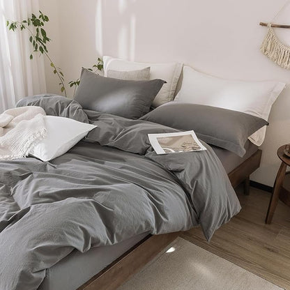 Dark Grey Duvet Cover Oversize Queen Size Bedding Set Cover 100% Washed Cotton Duvet Cover with Zipper Closure and 2 Pillowcases, 98inch x 98inch