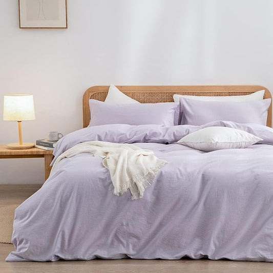 BESTOUCH Duvet Cover Set 100% Washed Cotton Linen Feel Super Soft Comfortable Chic Lightweight 3 PCs Home Bedding Set Solid Taro Purple Alaska King