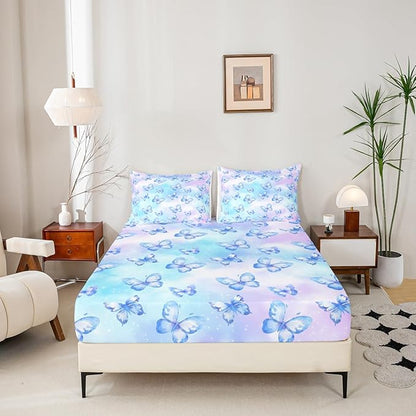 Erosebridal Pink Blue Butterfly Sheets for Boys Girls Watercolor 3D Printed Fitted Sheet,Purple Colorful Rainbow Kids Bedding Sets Fantasy Dreamy Princess Bed Sets Queen 3 Piece