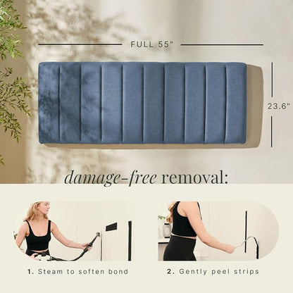 Hearth & Harbor Wall Mounted Full Headboard Only, Bed Headboard Full Size | Easy Assemble, Floating Peel and Stick, Upholstered, Channel Stitched, 3D Wall Panels, 5 Strips of 3M Tape Included, Blue
