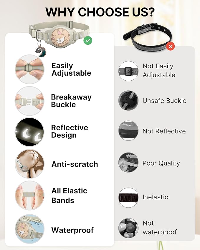 typecase Reflective Breakaway Cat Collar with AirTag Holder, Khaki & White | Khaki Reflective Breakaway Cat Collar With Bell And Silicone AirTag Holder; Adjustable 8-12 In; AirTag Not Included