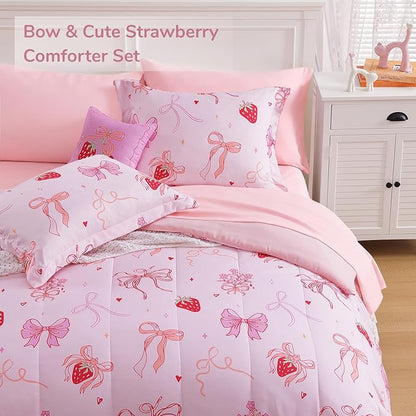 Twin Comforter Set for Girls-3 Pieces Pink Bow Twin Bedding Sets for Kids,1 Comforter,1 Sham and 1 Decor Pillow