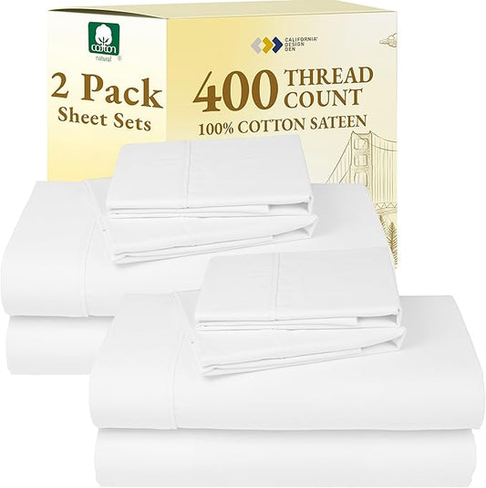 California Design Den 2-Pack 100% Cotton King Size Sheets Set 400 Thread Count Sateen - Soft and Breathable Sheets, 2 Sets of Deep Pocket Bed Sheets - Antique White