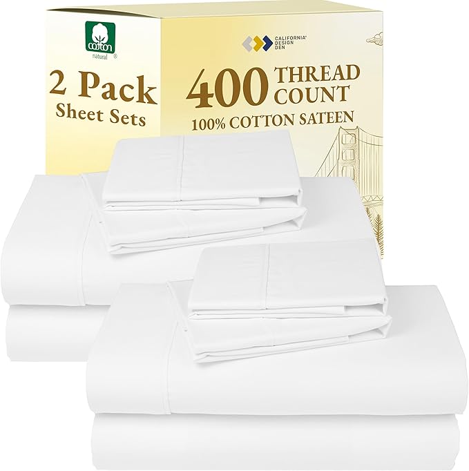 California Design Den 2-Pack Queen Sheet Sets - 400 Thread Count 100% Cotton Sateen - Soft and Breathable Sheets, 2 Sets of Deep Pocket Bed Sheets - Antique White