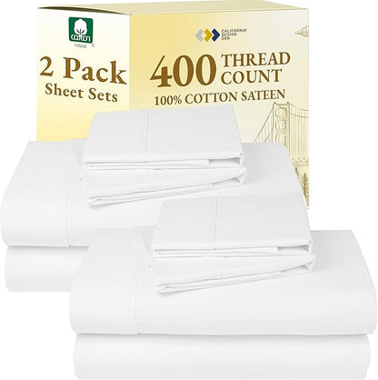 California Design Den 2-Pack Queen Sheet Sets - 400 Thread Count 100% Cotton Sateen - Soft and Breathable Sheets, 2 Sets of Deep Pocket Bed Sheets - Antique White
