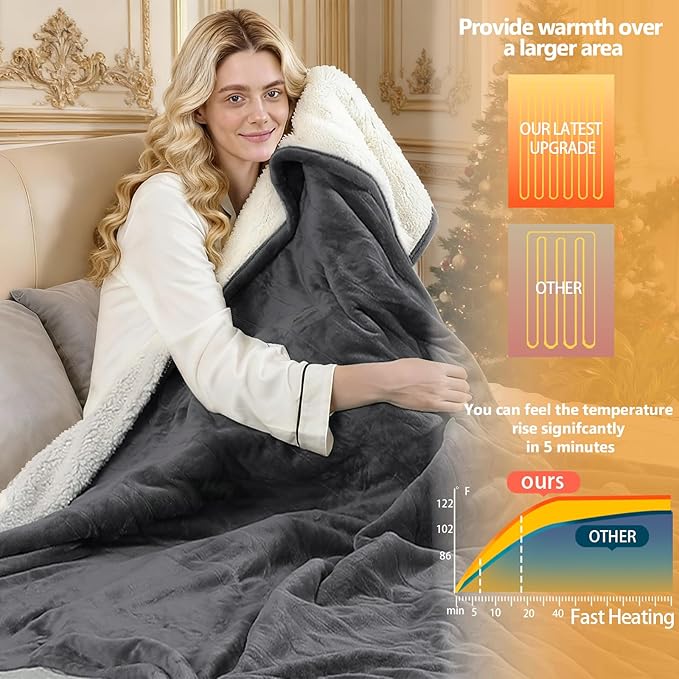 Electric Heated Blanket Queen Size 84''x90'' - Dual-Control Heating Blanket, Soft & Warm Flannel 10-Level Temperature Control, 8 Hours Auto Off, Rapid Heating & Overheat Protection
