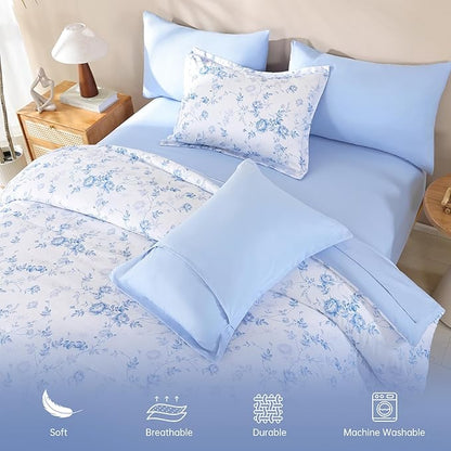 Luxudecor Floral King Comforter Set 7 Pieces Bed in a Bag, Blue Rose Romantic Flower Bed Set, Soft Reversible Comforter with Sheet Set 104"x90"