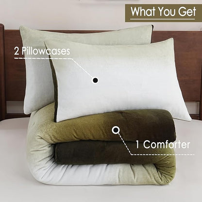 Bedbay Ombre Green Plush Fleece Comforter Set King Ultra Soft Velvety Bedding for Winter Thick Warm Cozy Gradient Quilt Set 3 Pcs All Season Fluffy Velvet King Bed Set with 2 Pillowcases
