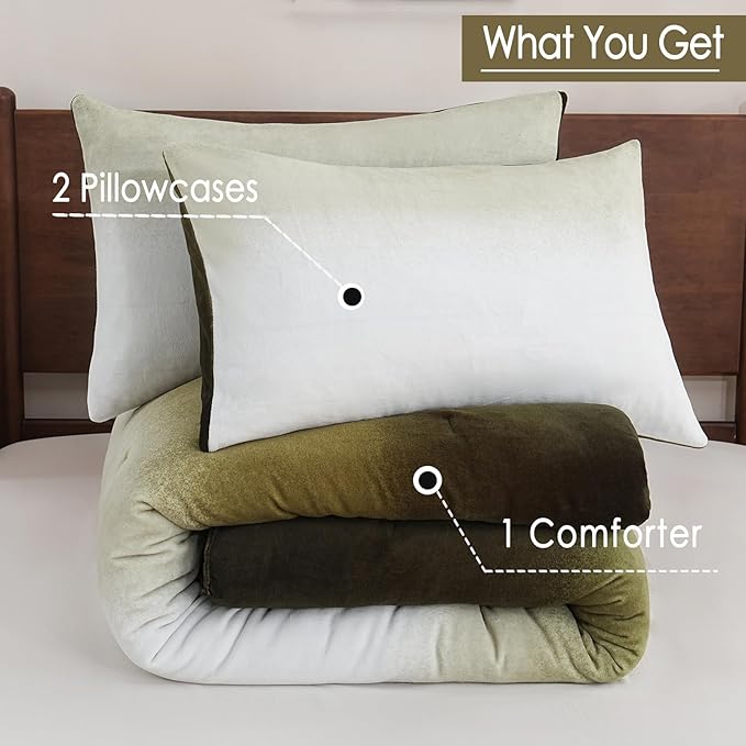 Bedbay Ombre Green Plush Fleece Comforter Set Queen Ultra Soft Velvety Bedding for Winter Thick Warm Cozy Gradient Quilt Set 3 Pcs All Season Fluffy Velvet Queen Bed Set with 2 Pillowcases