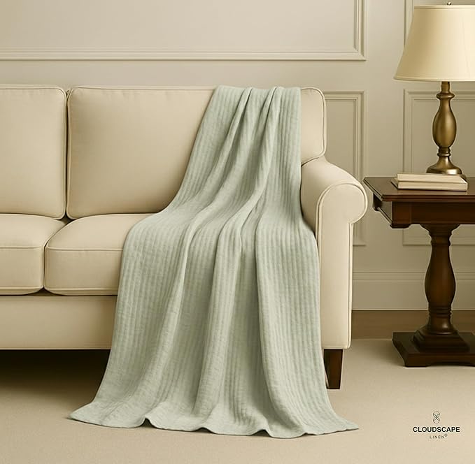 CLOUDSCAPE 100% Cotton Muslin Throw Blanket for Adults - 4 Layer 50x70 Oversized Breathable Gauze Bedding, All Season Spring Gifting, Cozy Lightweight Throw for Sofa, Couch, Home Decor - Seafoam