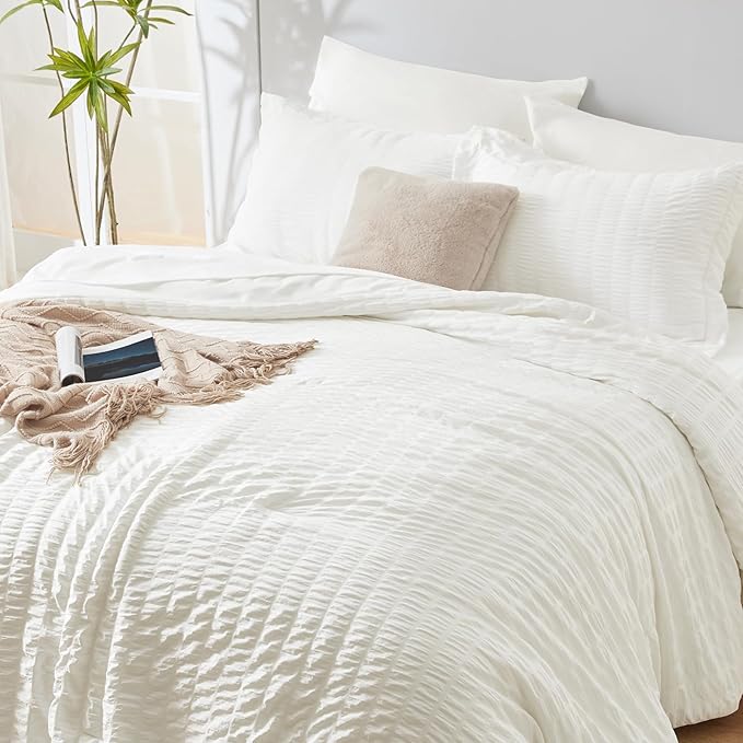CozyLux Full Size Comforter Sets with Sheets 7 Pieces, Ivory Seersucker Bed in a Bag Textured Luxury Soft Bedding Sets with Down Alternative Comforter, Sheets, Pillowcases & Shams for All Season