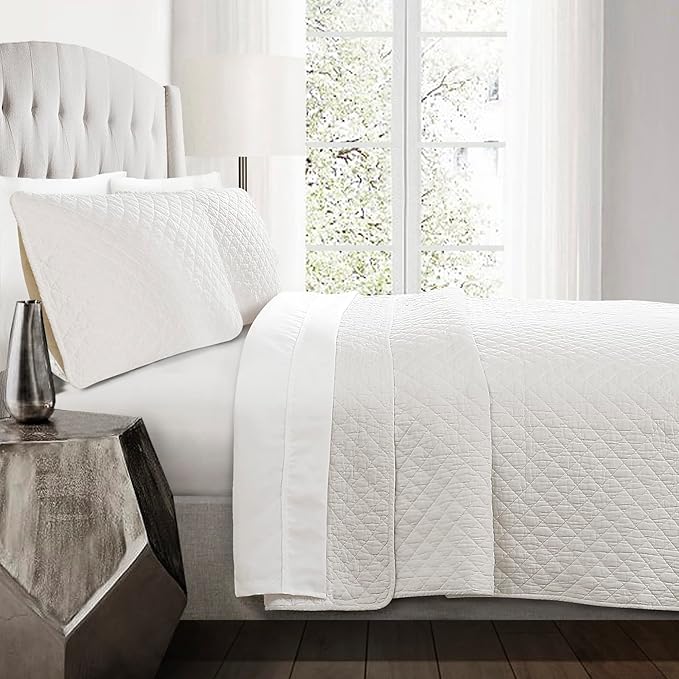 Lush Decor Ava Quilt Diamond Pattern Solid 3 Piece Oversized Bedding Blanket Bedspread Set - Full/Queen - Off-White