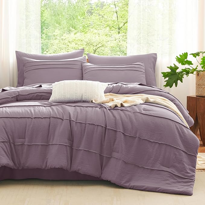 CozyLux Full Size Comforter Sets Dusty Purple, 7 Pieces Soft Pinch Pleat Bed in a Bag Full Comforter Set with Sheets, Boho Bed Set with Down Alternative Comforter, Sheets, Pillowcases & Shams
