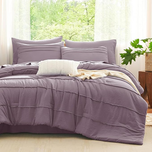 CozyLux Full Size Comforter Sets Dusty Purple, 7 Pieces Soft Pinch Pleat Bed in a Bag Full Comforter Set with Sheets, Boho Bed Set with Down Alternative Comforter, Sheets, Pillowcases & Shams
