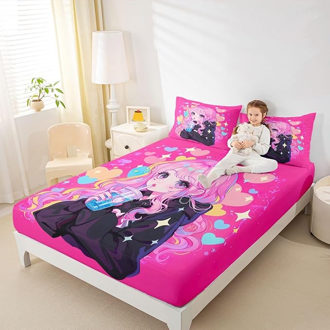 Erosebridal Preppy Girls Sheets for Boys Girls Kawaii Japanese Girl Drinking Water Fitted Sheet,Coquette Girl with Colorful Curly Hair Kids Bedding Sets Pink Anime Gifts Bed Sets Full 3 Piece