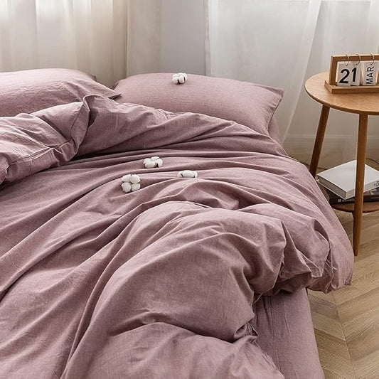 FACE TWO FACE Bedding Duvet Cover Set 3 Pieces 100% Washed Cotton Duvet Cover Linen Like Textured Breathable Durable Soft Comfy (King, Purple Bean Paste)