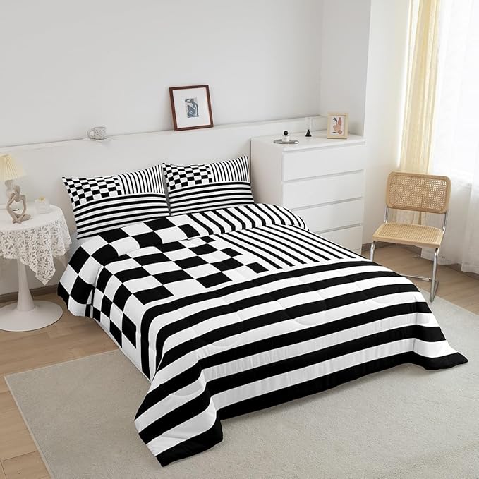 Black Check Bedding Set Full Size Fashion Buffalo Plaid Comforter Modern Simple Style Comforter Set Black Stripes Geometric Duvet Set 3Pcs Quilt Set 1 Comforter Set with 2 Pillowcase