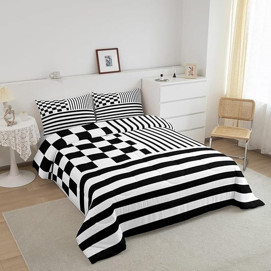 Black Check Bedding Set Full Size Fashion Buffalo Plaid Comforter Modern Simple Style Comforter Set Black Stripes Geometric Duvet Set 3Pcs Quilt Set 1 Comforter Set with 2 Pillowcase