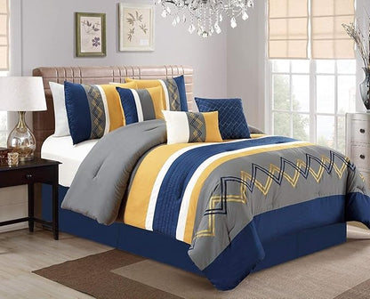 Chezmoi Collection Arden 7-Piece Modern Pleated Stripe Embroidered Zigzag Bedding Comforter Set (California King, Navy/Gray/Yellow/White)