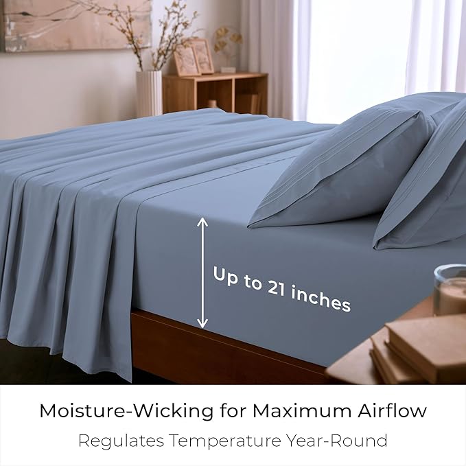 Mellanni California King Sheet Set - 6-Piece Iconic Collection Bedding, (Including 4 Pillowcases), 21-Inch Extra Deep Pocket, Easy Care, Ultra Soft, Cooling Sheets, Brushed Microfiber - Sky Blue