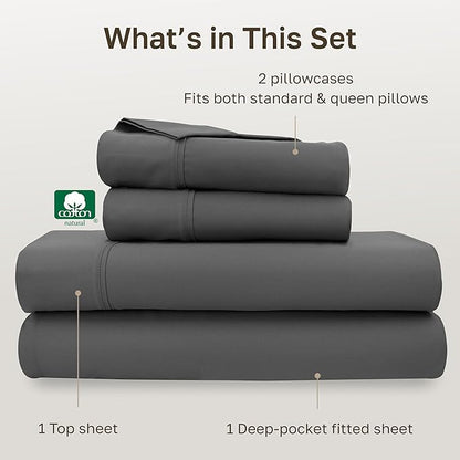 California Design Den Soft Queen Sheet Set - Soft 400 Thread Count Sateen, Natural 100% Cotton Sheets for Queen Size Bed, Deep Pockets for a Snug Fit, Durable Bedding Set - Grey