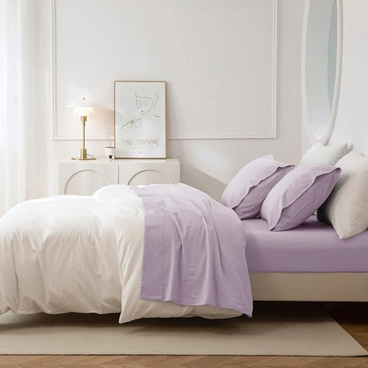 JIYUAN Full Size Sheet Set, 4-Piece - 100% Washed Cotton, Linen-Like Soft & Breathable, Includes Deep Pocket Fitted & Flat Sheet with 2 Pillowcases, Hotel Quality, Heathered Light Purple