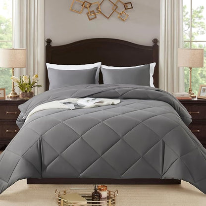 3-Piece Queen Comforter Set,All-Season,Soft & Hypoallergenic &Breathable Bedding,Polyester Quilted,Down Alternative(Comforter*1 & Pillowcases*2),Dark Gray