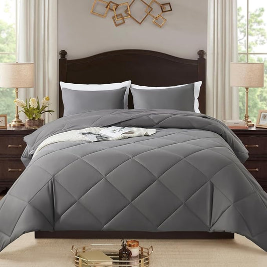 3-Piece Queen Comforter Set,All-Season,Soft & Hypoallergenic &Breathable Bedding,Polyester Quilted,Down Alternative(Comforter*1 & Pillowcases*2),Dark Gray