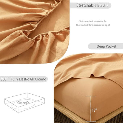 MooMee Fitted Bottom Sheet Only 100% Washed Cotton Linen Like Textured Breathable Durable Soft Comfy Deep Pocket Fits Mattress up to 17" (Burnt Orange, Queen)