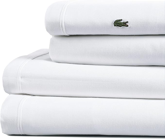 Lacoste 100% Cotton Percale 3-Piece Sheet Set – Cool, Crisp, Matte, and Durable, Oeko-Tex Certified – Solid, White, Twin XL