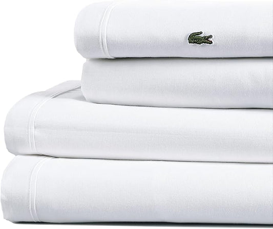 Lacoste 100% Cotton Percale 4-Piece Sheet Set – Cool, Crisp, Matte, and Durable, Oeko-Tex Certified – Solid, White, Standard King