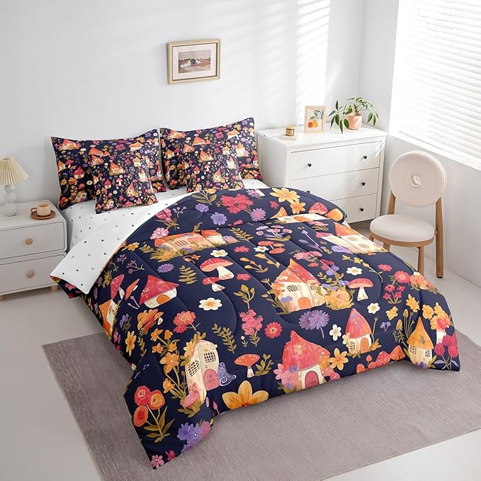 Castle Fairy Groovy Flowers 7 Pieces Bedding Set King Bed in a Bag,Watercolor Dreamy Flowers House Comforter Set for Bedroom Decor,Cartoon Jungle Mushroom Plants Soft Warm Microfiber Bedding