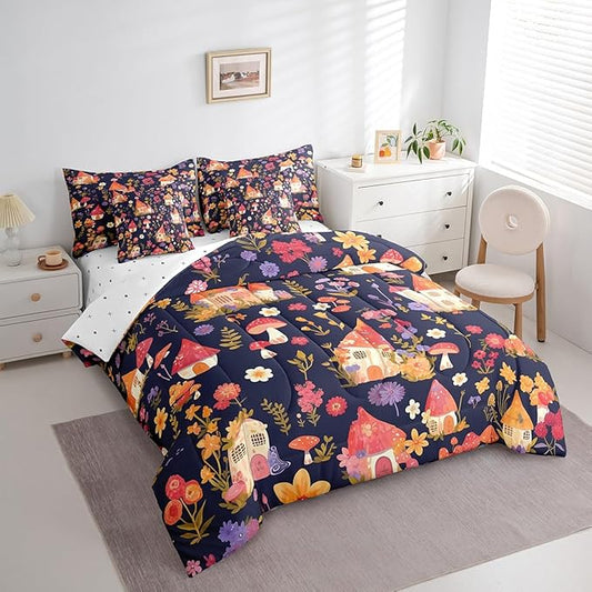 Castle Fairy Groovy Flowers 7 Pieces Bedding Set King Bed in a Bag,Watercolor Dreamy Flowers House Comforter Set for Bedroom Decor,Cartoon Jungle Mushroom Plants Soft Warm Microfiber Bedding