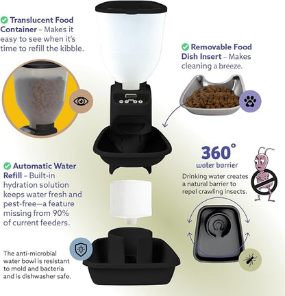 Feeding Friend® Automatic Dog & Cat Food Feeder with Water Dispenser Smart Pet Feeder with Portion Control, OLED Display, Anti Jam Design, Battery Operated Dispenser for Small XS 4-15 lbs Pets Black
