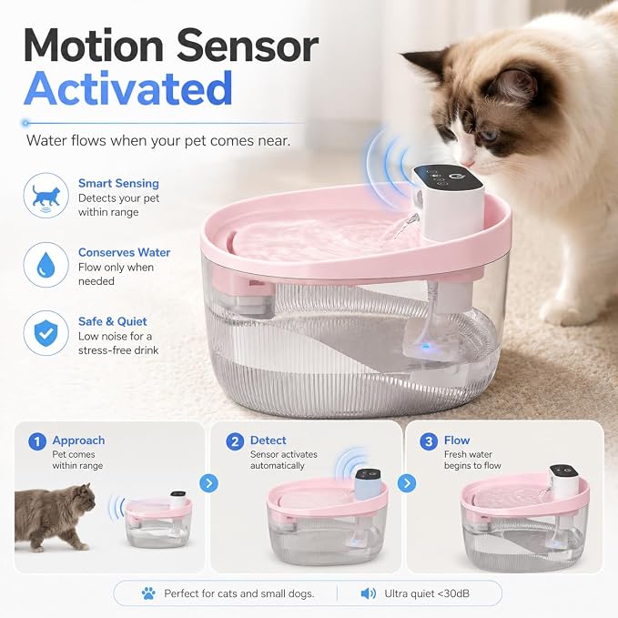 74oz/2.2L Cordless Cat Water Fountain, 5000mAh Battery Operated | 3 Smart Modes, with Motion Sensor, Ultra-Quiet, Pet Drinking Dispenser with LED Light, Wireless Fountain for Cats, Dogs