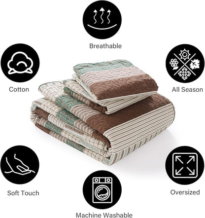 PANGUSHAN 100% Cotton Quilt Set Queen Size, Patchwork Queen Quilt Bedding Set Bedspreads, Farmhouse Lightweight Comforter Reversible Quilt, Green/Brown/Beige Bed Spread for All Season, 3 Pieces
