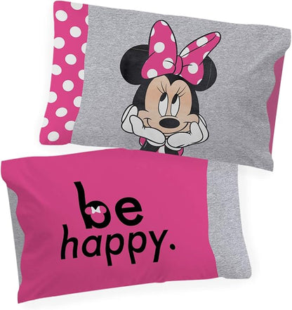 Jay Franco Disney Minnie Mouse Be Happy 1 Single Reversible Pillowcase - Double-Sided Kids Super Soft Bedding