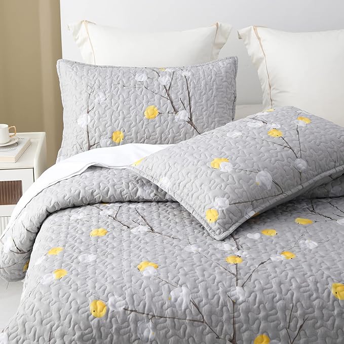 DURLENGEN Quilt Set California King Size 3Pcs,Grey Branch with Dot Pattern,Soft Microfiber Lightweight Bedspread for All Season Layering(112x104,Botanical Grey)